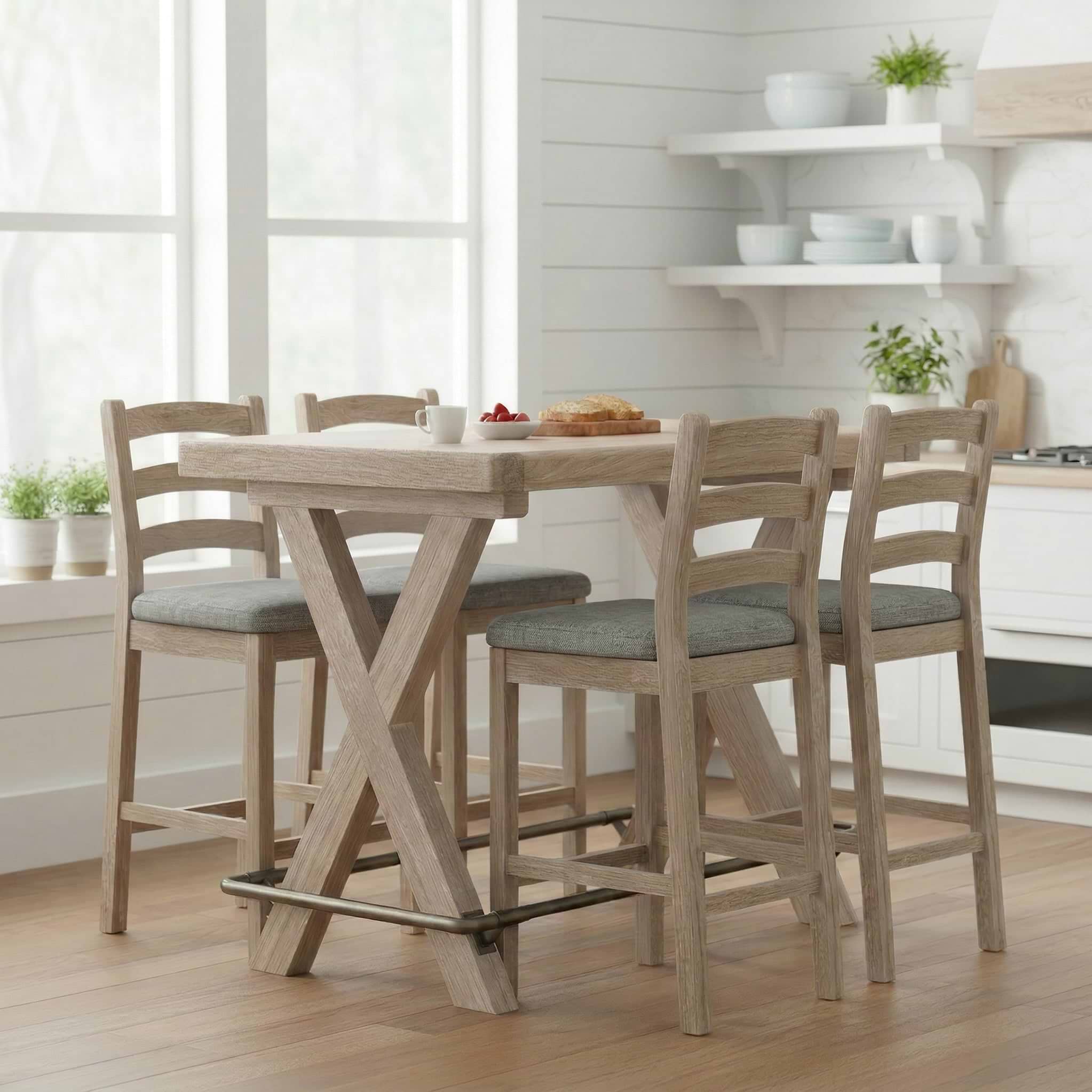 Portland Washed Oak Bar Stool with Grey Seat from Roseland Furniture