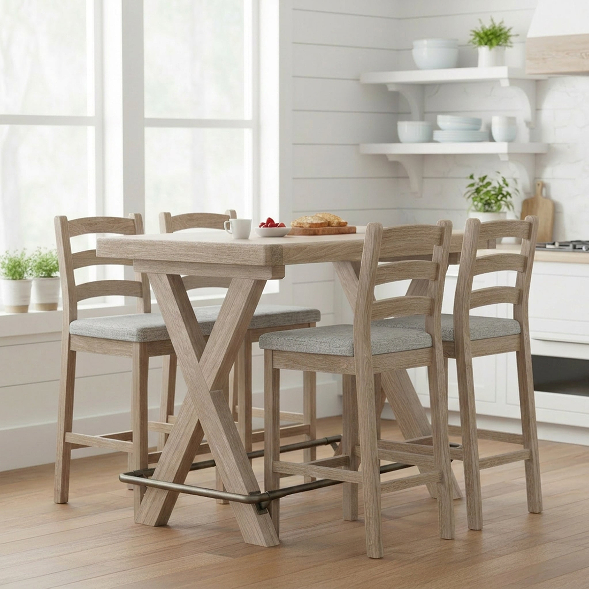 Portland Washed Oak Bar Stool with Beige Seat from Roseland Furniture
