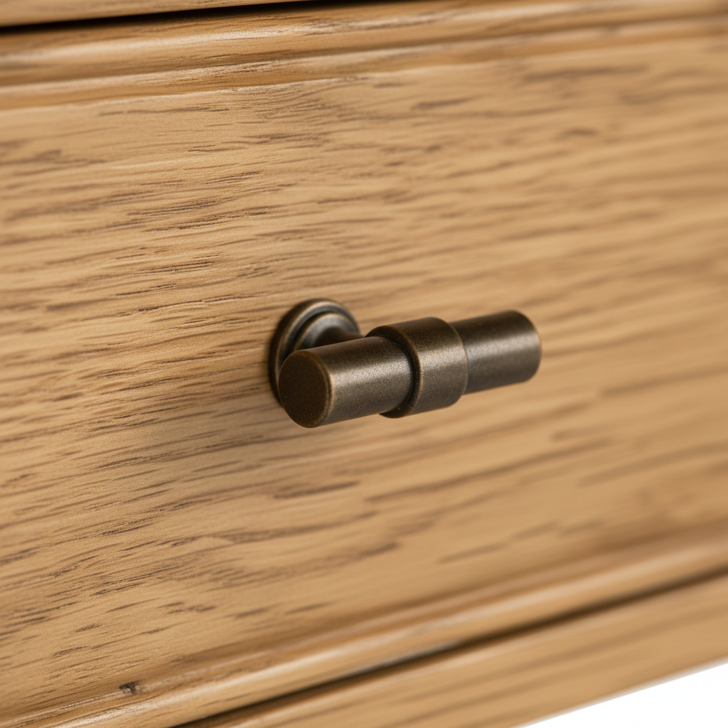 close up of antique style t-bar handle on the Alderley Oak collection from Roseland Furniture