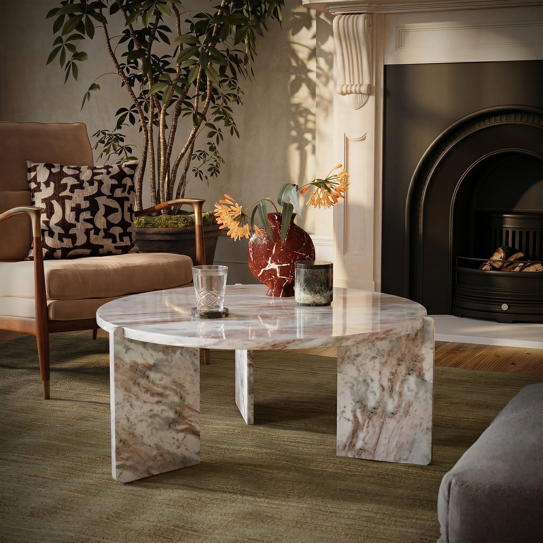 Langham Brown Marble Large Round Coffee Table from Roseland Furniture