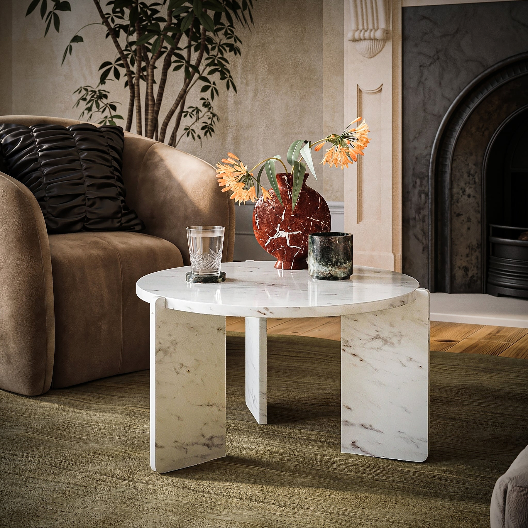 Langham White Marble Small Round Side Table from Roseland Furniture