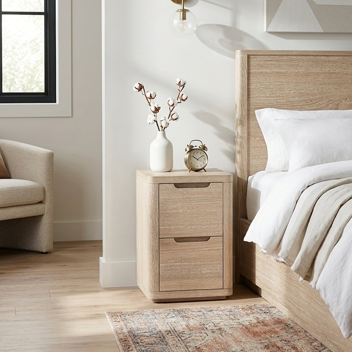Mylor Washed Oak 2 Drawer Beside from Roseland Furniture