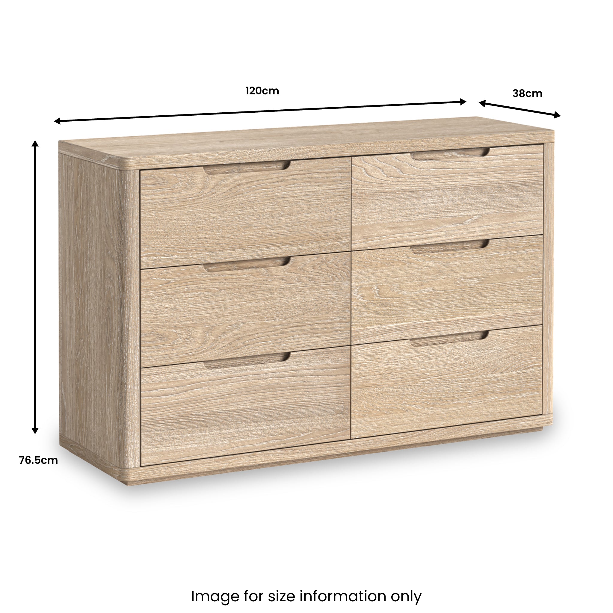 Mylor Washed Oak 6 Drawer Chest of Drawers for Bedroom | Roseland
