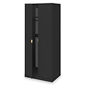 A tall black wardrobe stands with closed doors and a single gold-colored handle, isolated against a white background.