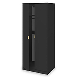 A tall black wardrobe stands with closed doors and a single gold-colored handle, isolated against a white background.