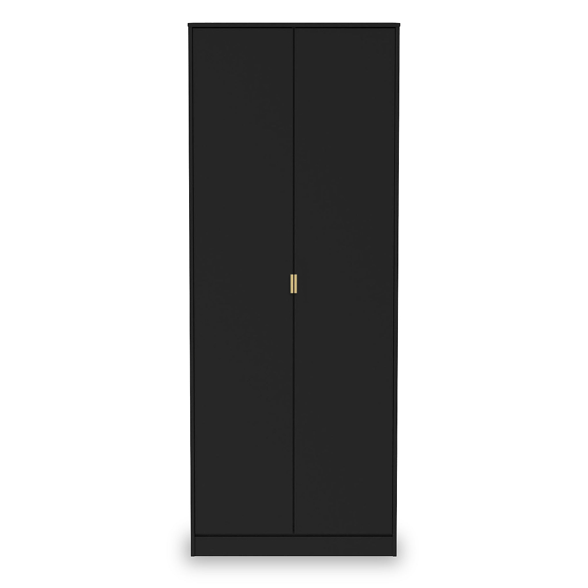 A tall black wardrobe stands with closed doors and a single gold-colored handle, isolated against a white background.