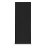 A tall black wardrobe stands with closed doors and a single gold-colored handle, isolated against a white background.
