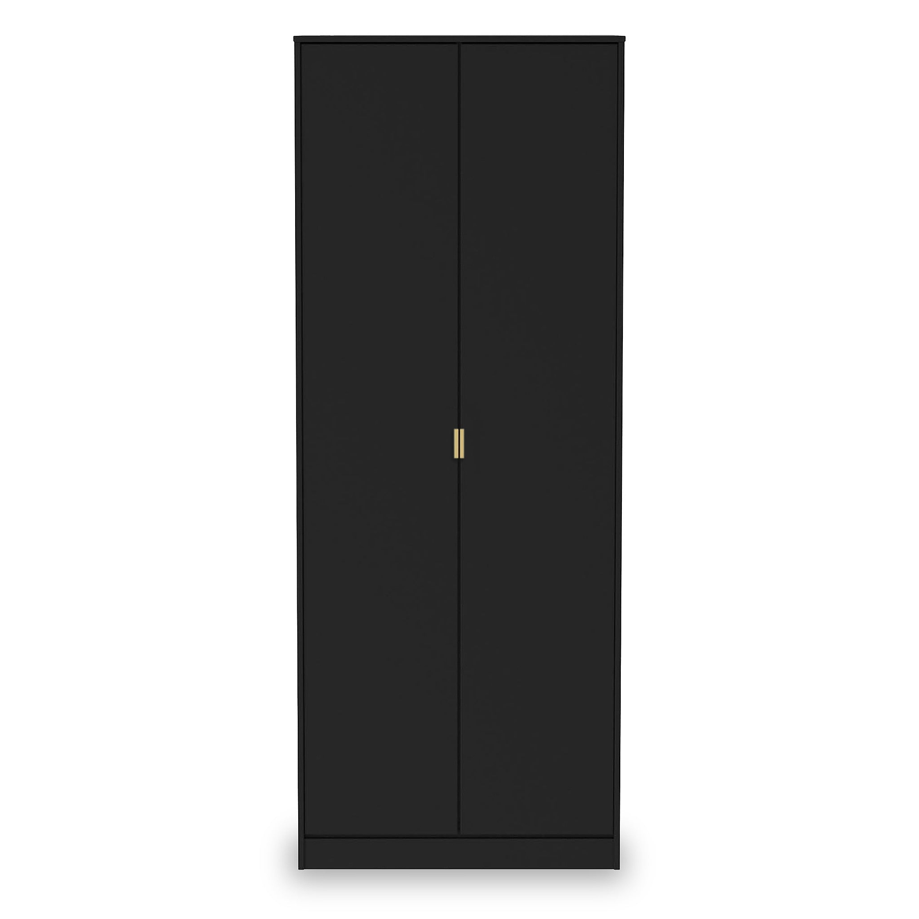 A tall black wardrobe stands with closed doors and a single gold-colored handle, isolated against a white background.
