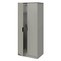 A gray wardrobe with one door ajar, revealing interior shelves and a hanging rod, against a white background.