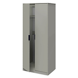 A gray wardrobe with one door ajar, revealing interior shelves and a hanging rod, against a white background.