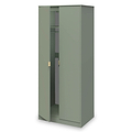 A tall green wardrobe with one door slightly ajar, revealing internal shelves and a hanging rod, isolated on a white background.
