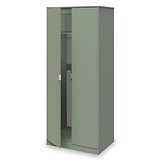A tall green wardrobe with one door slightly ajar, revealing internal shelves and a hanging rod, isolated on a white background.