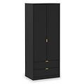 A tall black wardrobe with two doors and two lower drawers, featuring gold-colored handles, stands against a plain white background.