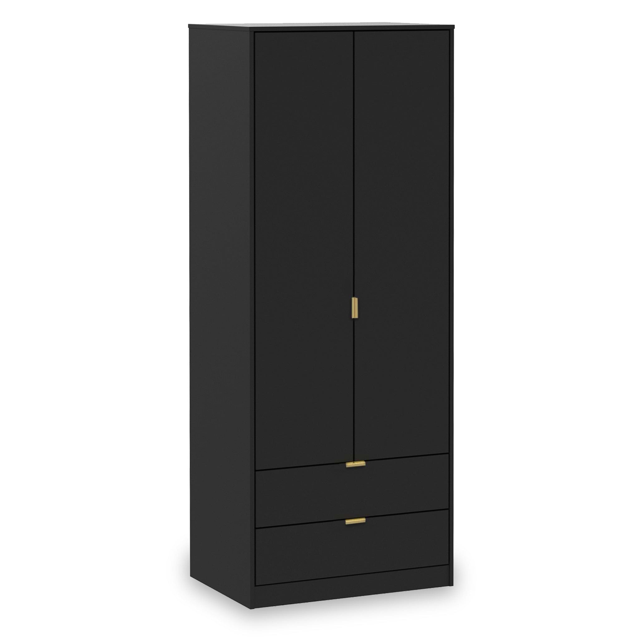 A tall black wardrobe with two doors and two lower drawers, featuring gold-colored handles, stands against a plain white background.