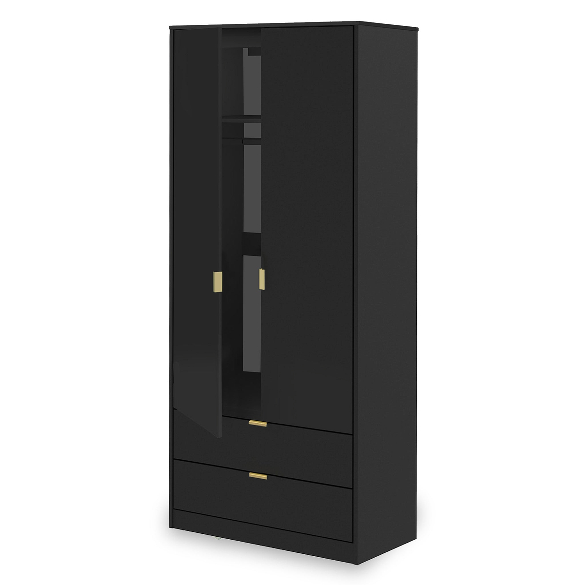 A tall black wardrobe with two doors and two lower drawers, featuring gold-colored handles, stands against a plain white background.