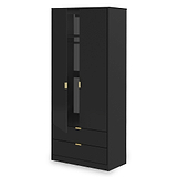 A tall black wardrobe with two doors and two lower drawers, featuring gold-colored handles, stands against a plain white background.