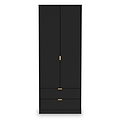 A tall black wardrobe with two doors and two lower drawers, featuring gold-colored handles, stands against a plain white background.