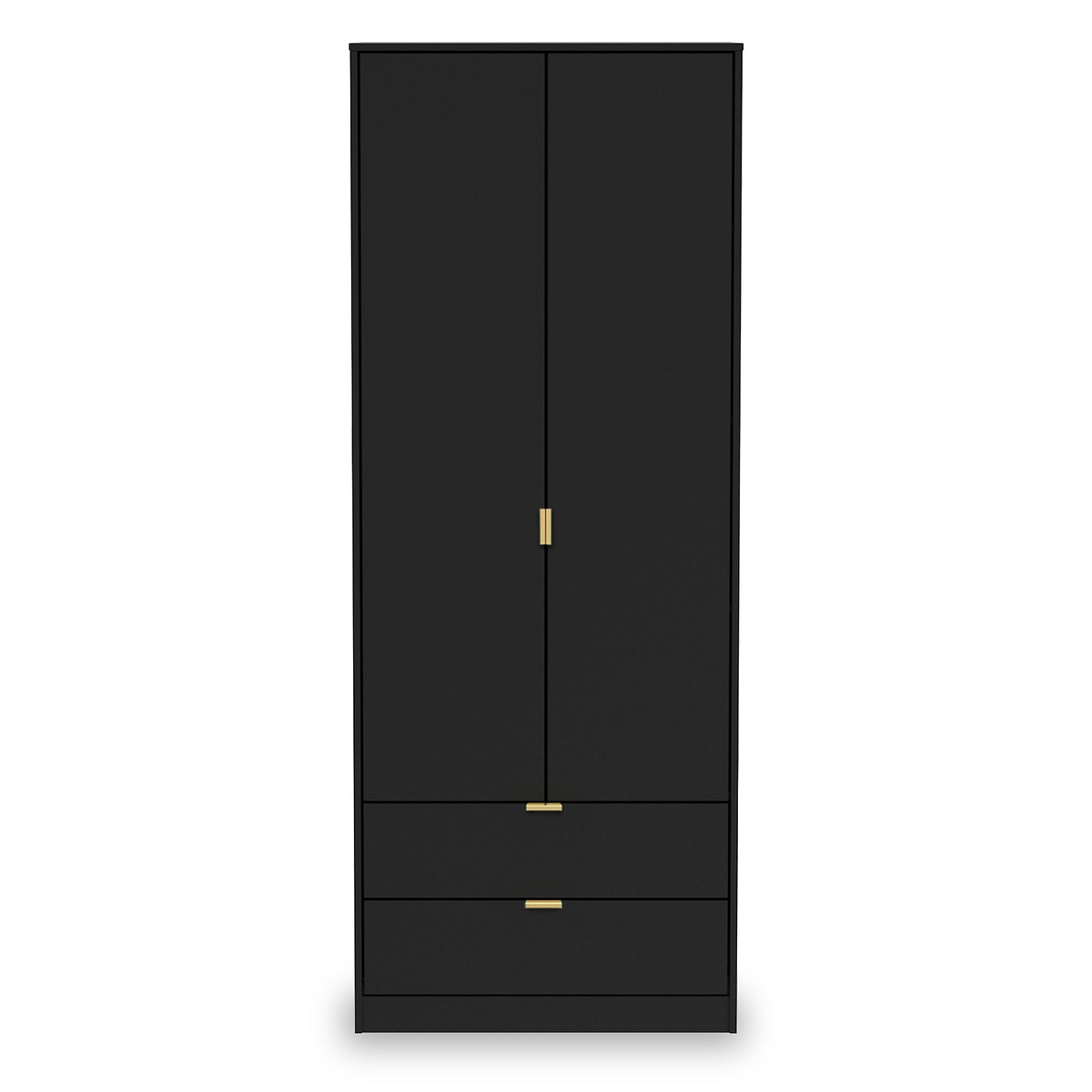 A tall black wardrobe with two doors and two lower drawers, featuring gold-colored handles, stands against a plain white background.