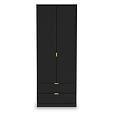 A tall black wardrobe with two doors and two lower drawers, featuring gold-colored handles, stands against a plain white background.