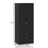 A tall black wardrobe with two doors and two lower drawers, featuring gold-colored handles, stands against a plain white background.