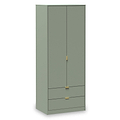 A tall olive green wardrobe with a smooth finish, featuring golden handles on its doors and drawers, stands against a plain, light background.