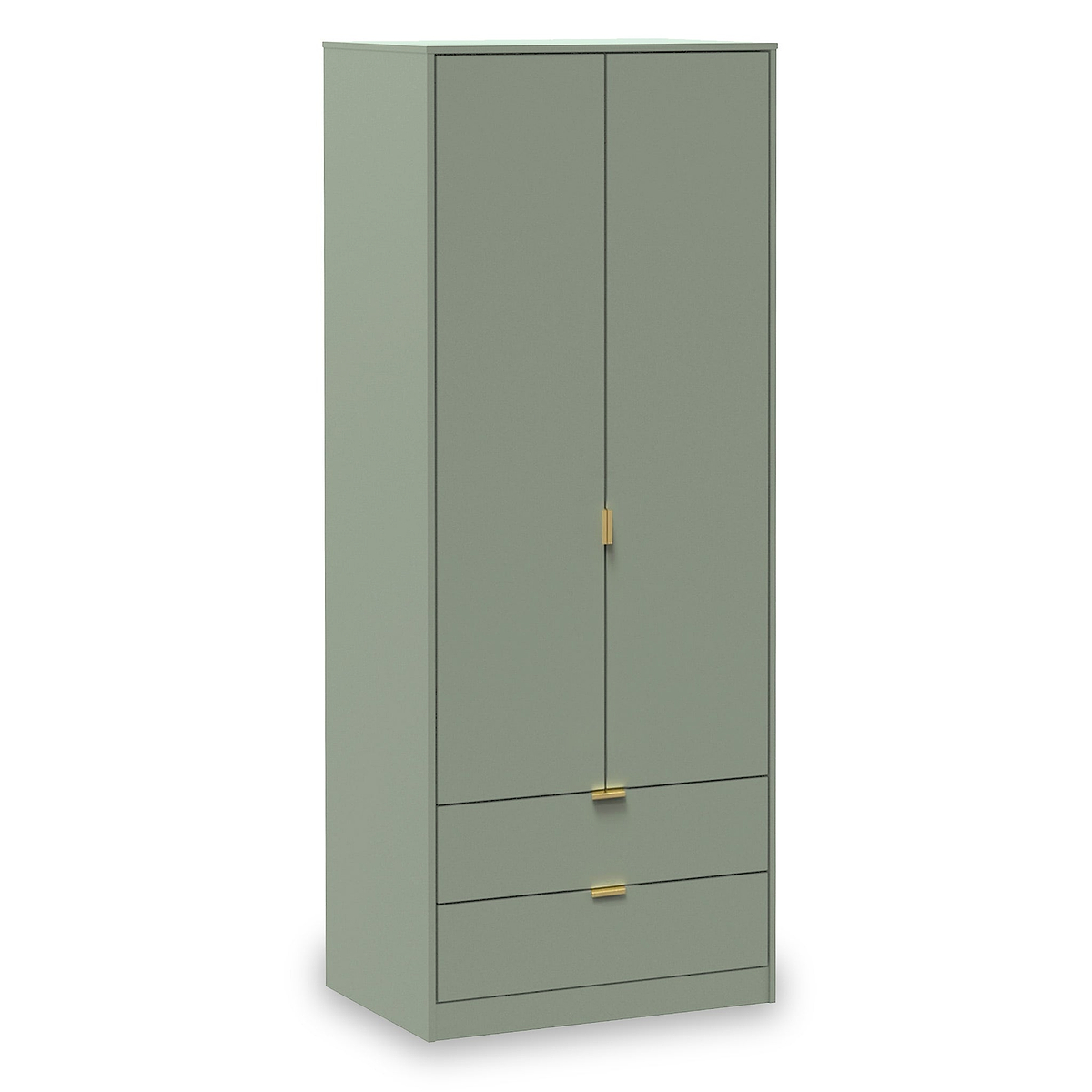 A tall olive green wardrobe with a smooth finish, featuring golden handles on its doors and drawers, stands against a plain, light background.