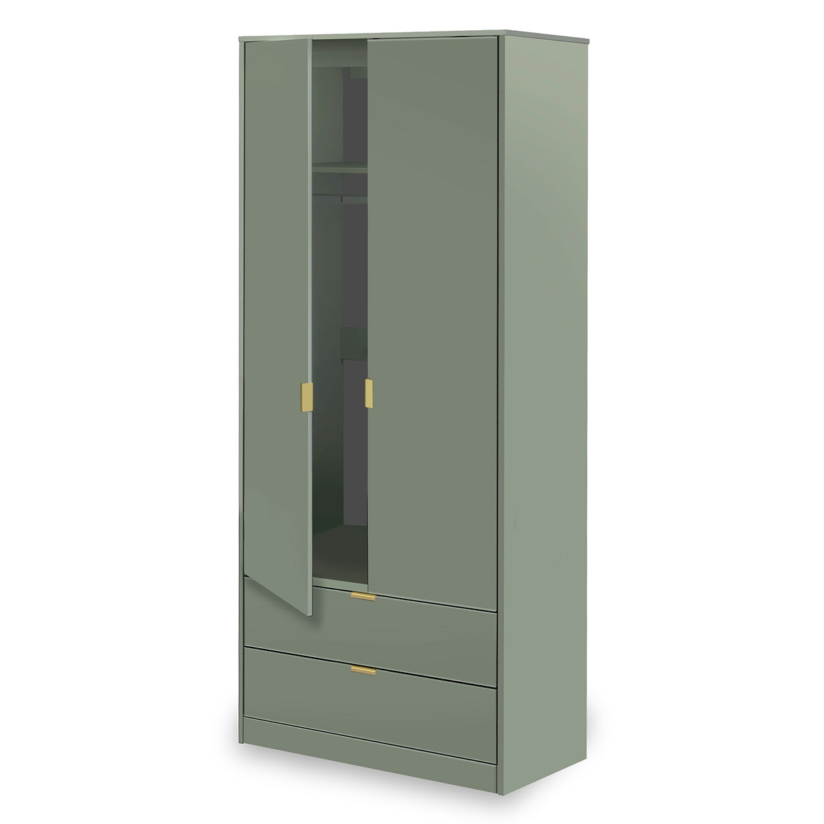 A tall olive green wardrobe with a smooth finish, featuring golden handles on its doors and drawers, stands against a plain, light background.