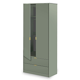 A tall olive green wardrobe with a smooth finish, featuring golden handles on its doors and drawers, stands against a plain, light background.