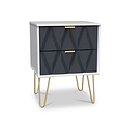 Geo White and Navy 2 Drawer Bedside Table Cabinet with Gold Hair Pin Legs from Roseland Furniture
