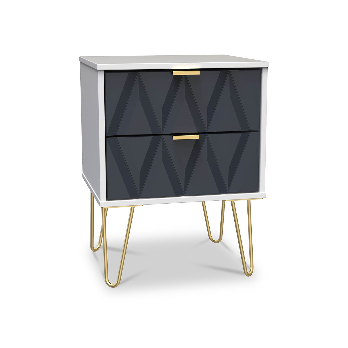Geo White and Navy 2 Drawer Bedside Table Cabinet with Gold Hair Pin Legs from Roseland Furniture