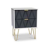 Geo White and Navy 2 Drawer Bedside Table Cabinet with Gold Hair Pin Legs from Roseland Furniture