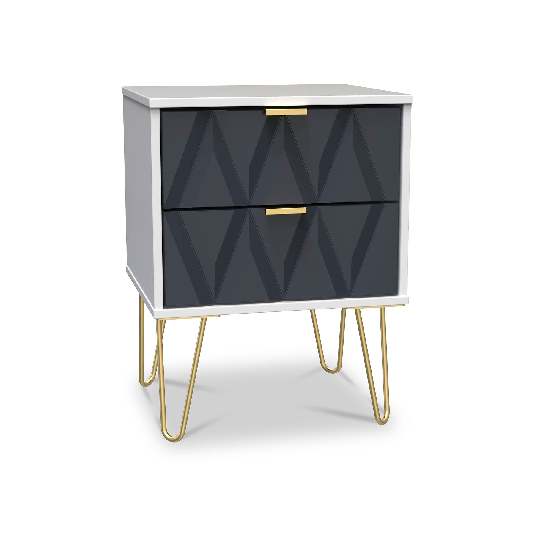 Geo White and Navy 2 Drawer Bedside Table Cabinet with Gold Hair Pin Legs from Roseland Furniture