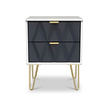 Geo White and Navy 2 Drawer Bedside Table Cabinet with Gold Hair Pin Legs from Roseland Furniture