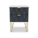 Geo White and Navy 2 Drawer Bedside Table Cabinet with Gold Hair Pin Legs from Roseland Furniture