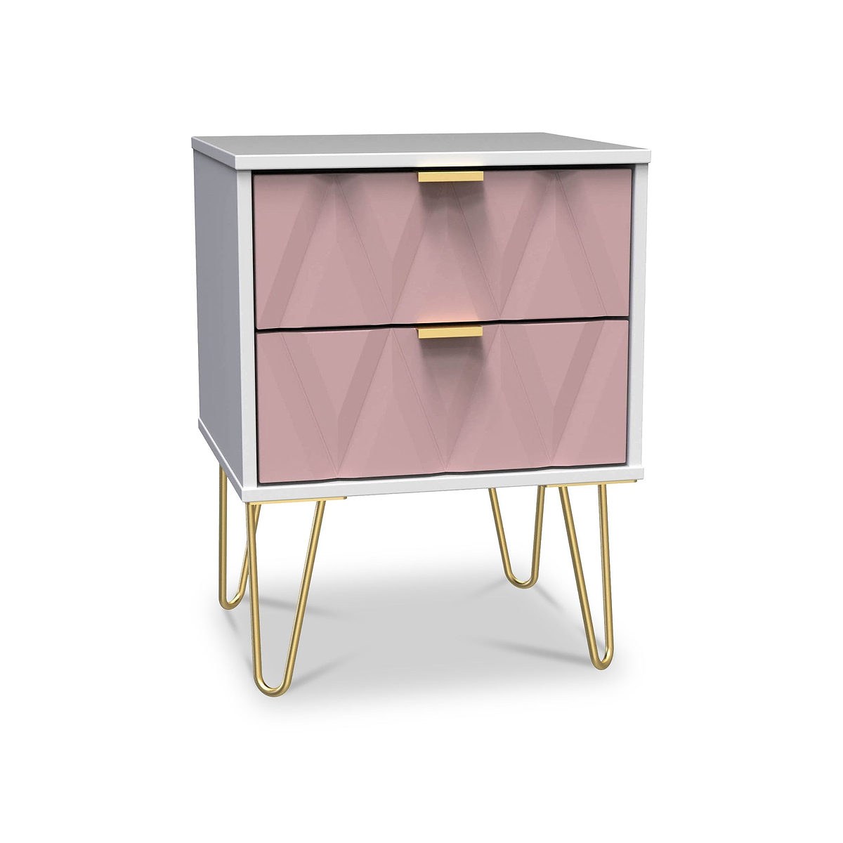 Geo White and Pink 2 Drawer Bedside Table Cabinet with Gold Hair Pin Legs from Roseland Furniture