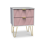 Geo White and Pink 2 Drawer Bedside Table Cabinet with Gold Hair Pin Legs from Roseland Furniture