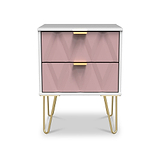 Geo White and Pink 2 Drawer Bedside Table Cabinet with Gold Hair Pin Legs from Roseland Furniture