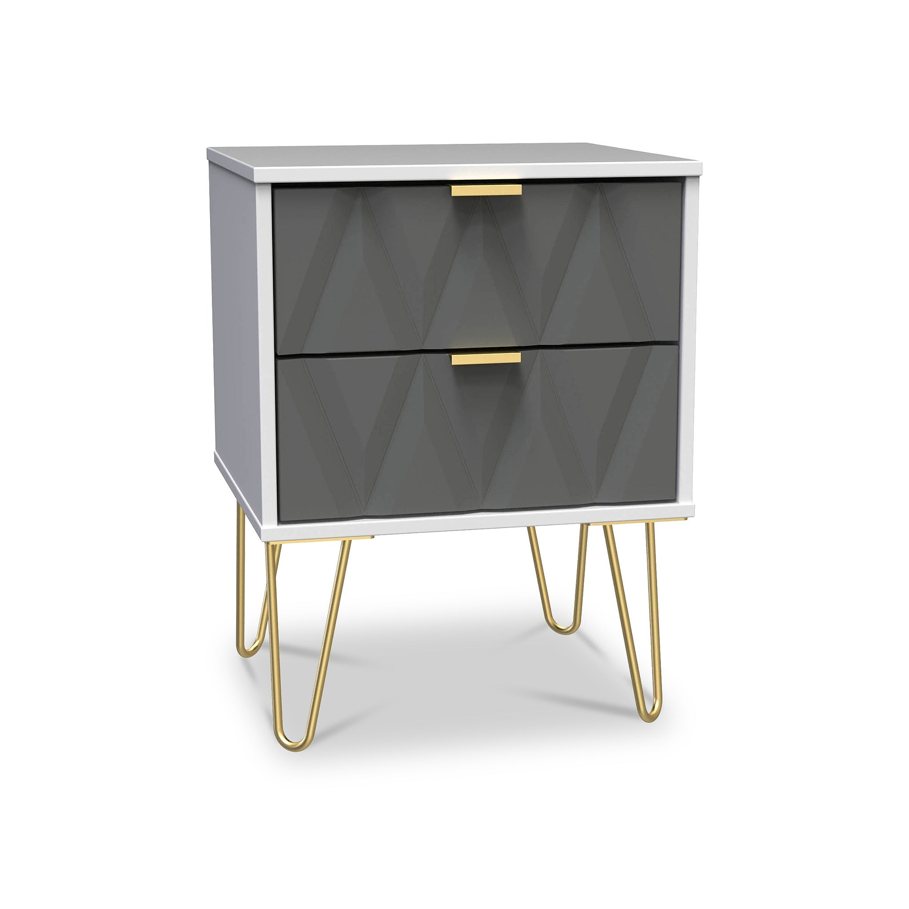 Geo White and Grey 2 Drawer Bedside Table Cabinet with Gold Hair Pin Legs from Roseland Furniture