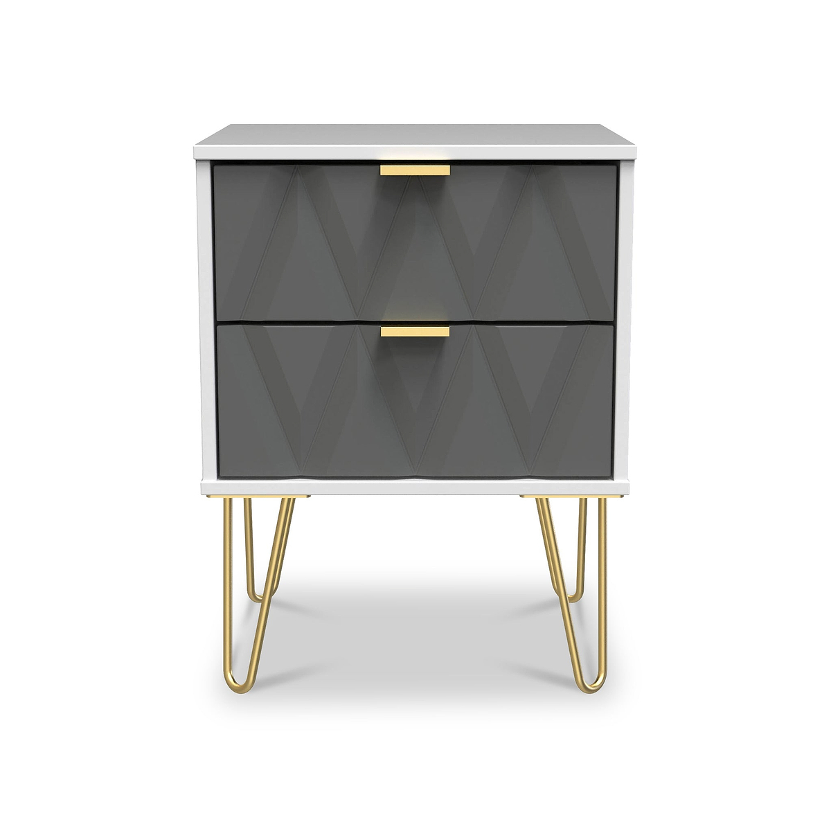 Geo White and Grey 2 Drawer Bedside Table Cabinet with Gold Hair Pin Legs from Roseland Furniture