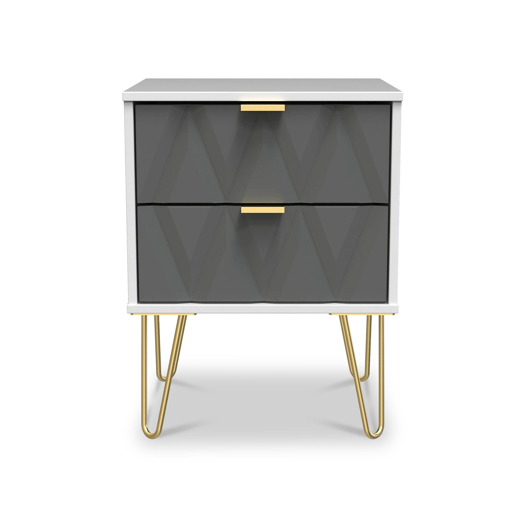 Geo White and Grey 2 Drawer Bedside Table Cabinet with Gold Hair Pin Legs from Roseland Furniture