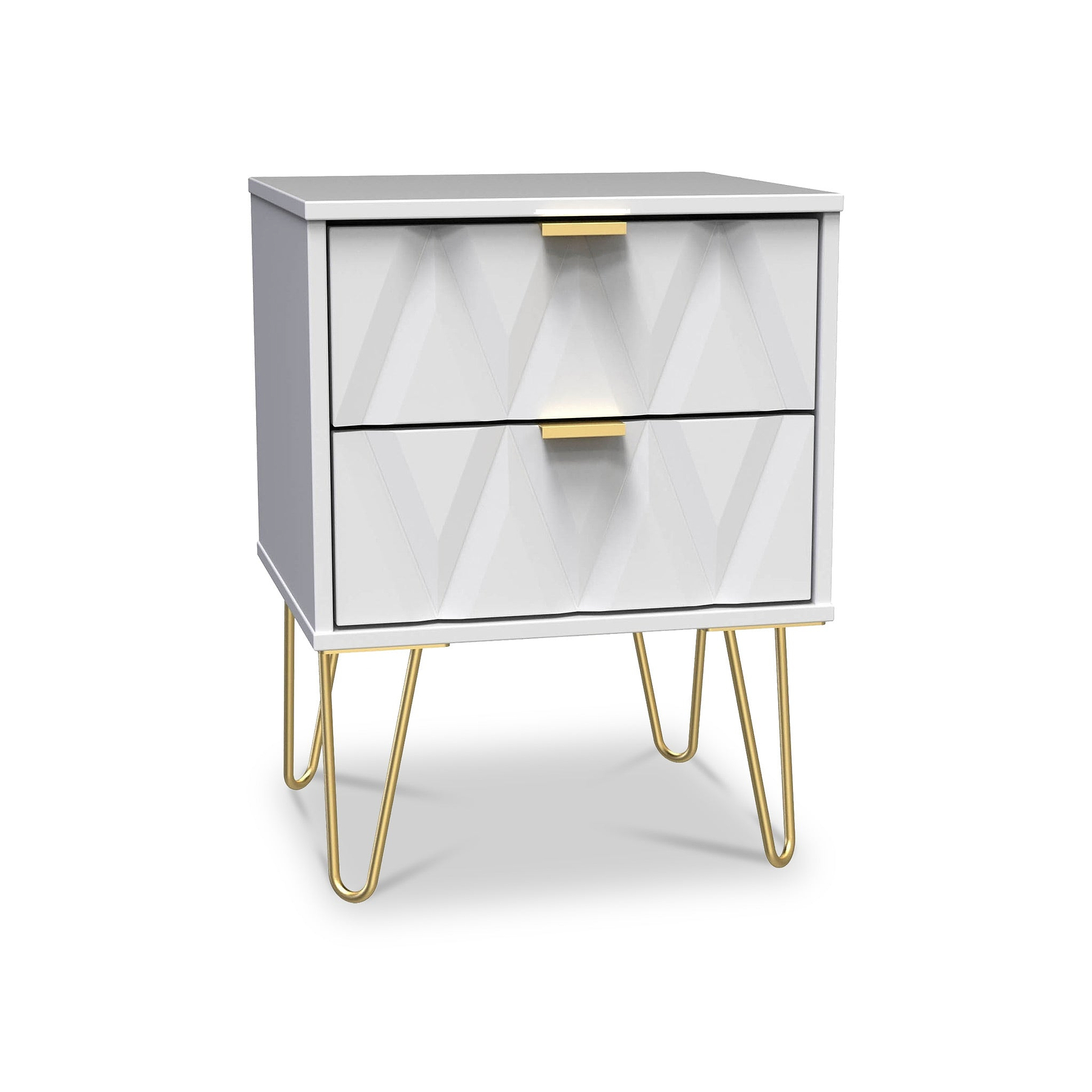 Geo White 2 Drawer Bedside Table Cabinet with Gold Hair Pin Legs from Roseland Furniture