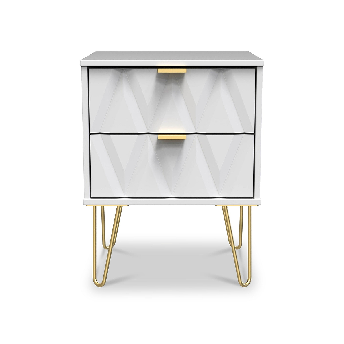 Geo White 2 Drawer Bedside Table Cabinet with Gold Hair Pin Legs from Roseland Furniture