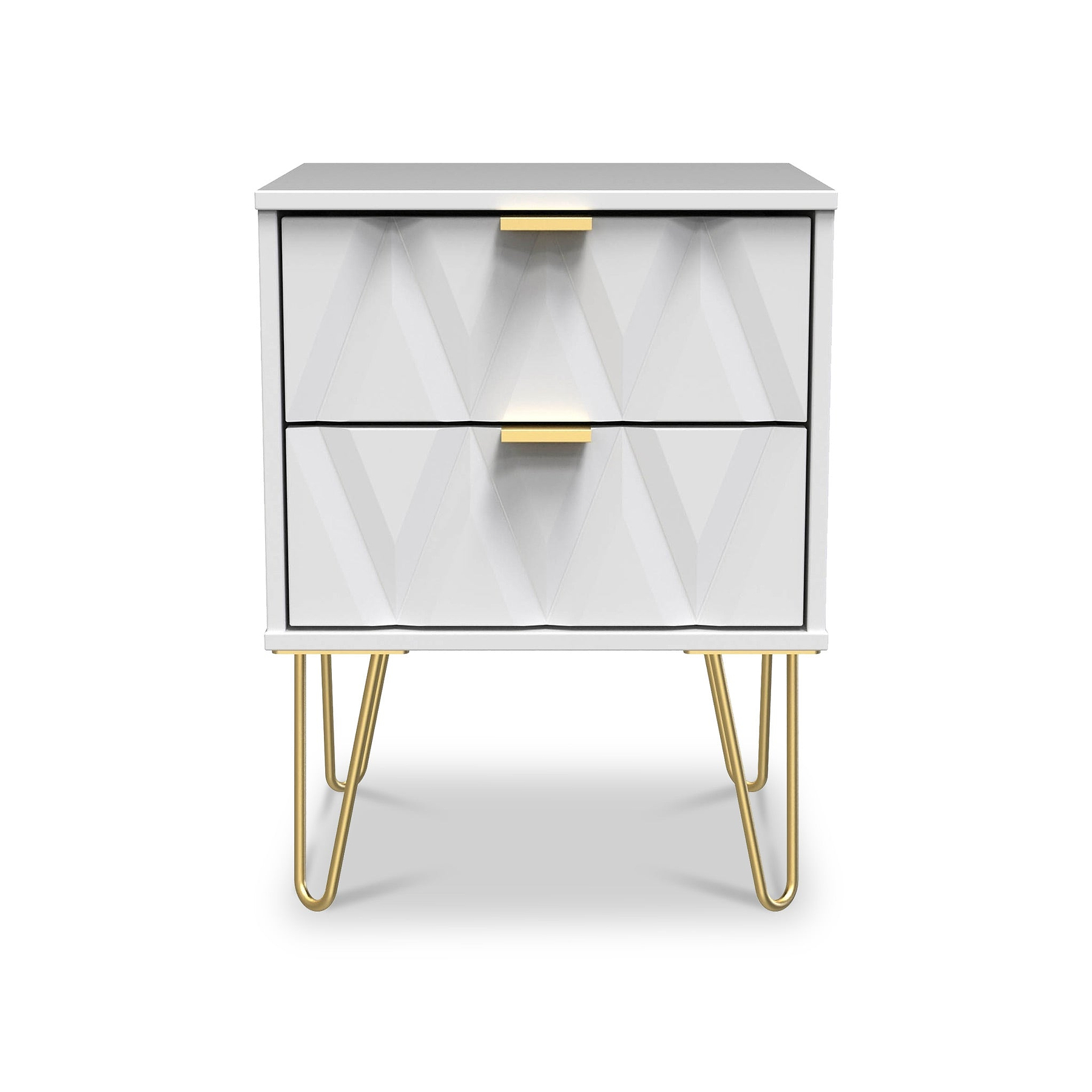 Geo White 2 Drawer Bedside Table Cabinet with Gold Hair Pin Legs from Roseland Furniture