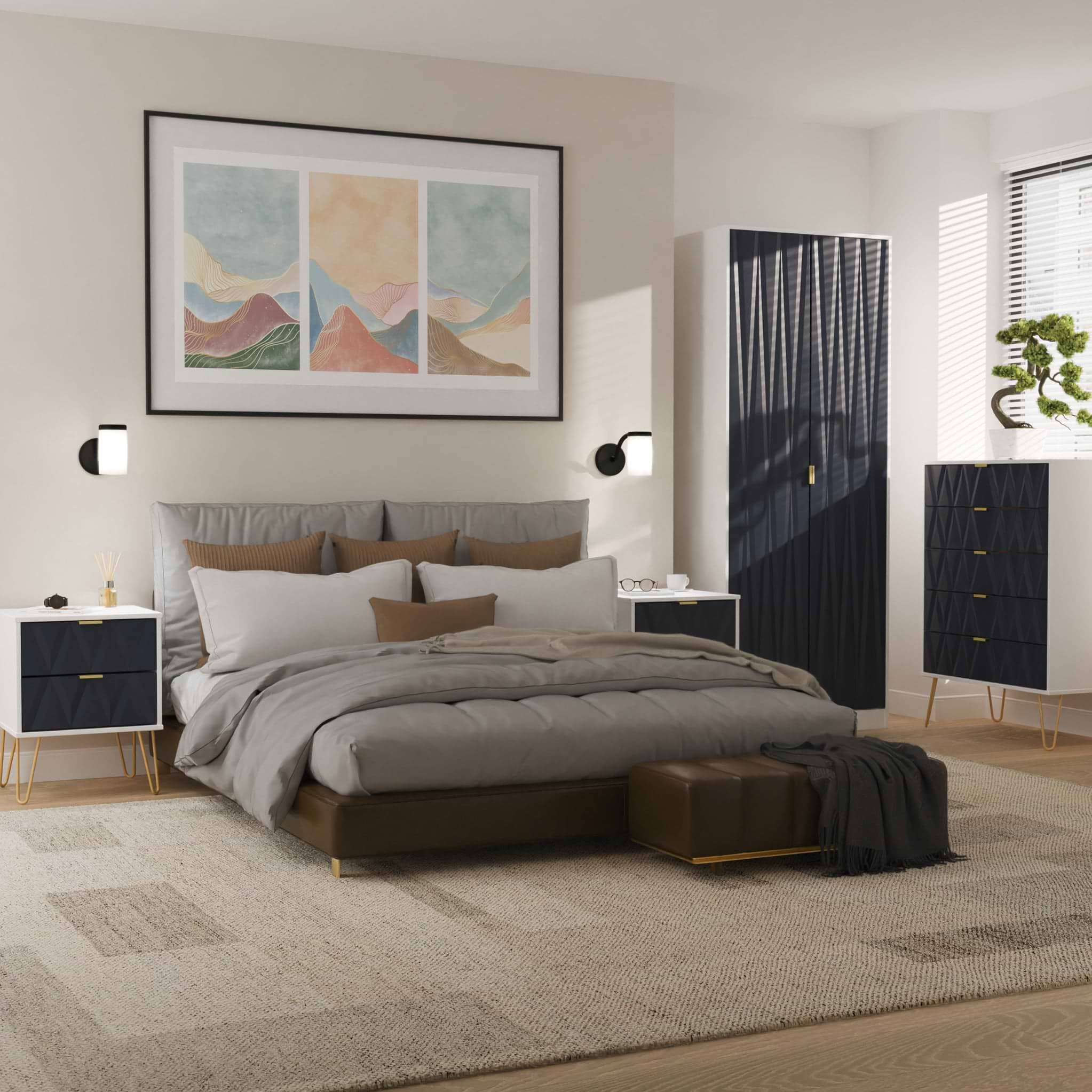 Geo 4 Piece Bedroom Furntiure Set White and Navy from Roseland Furniture