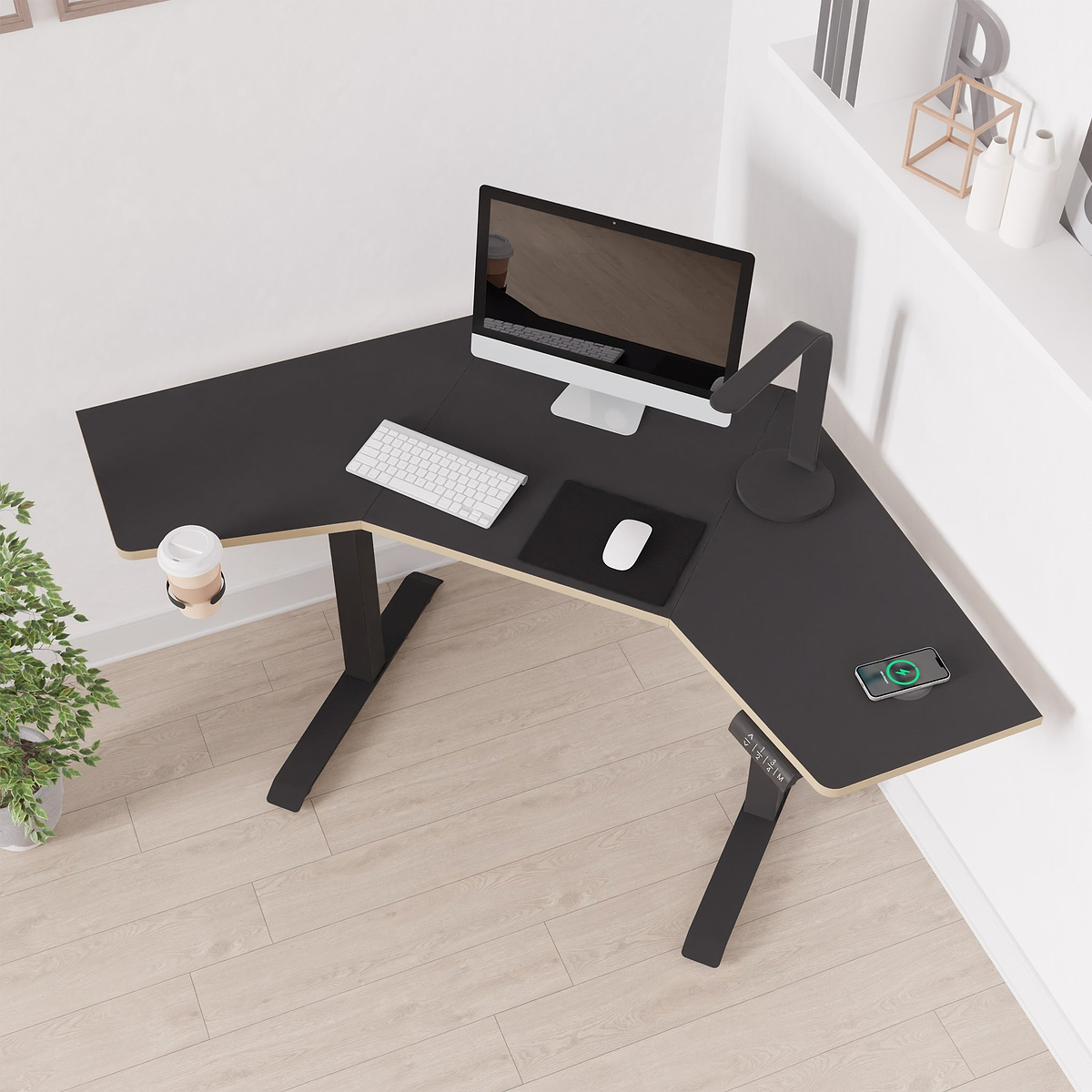 Koble Gino Black Smart Electric Height Adjustable Corner Desk with Storage Drawer and wireless charging for office