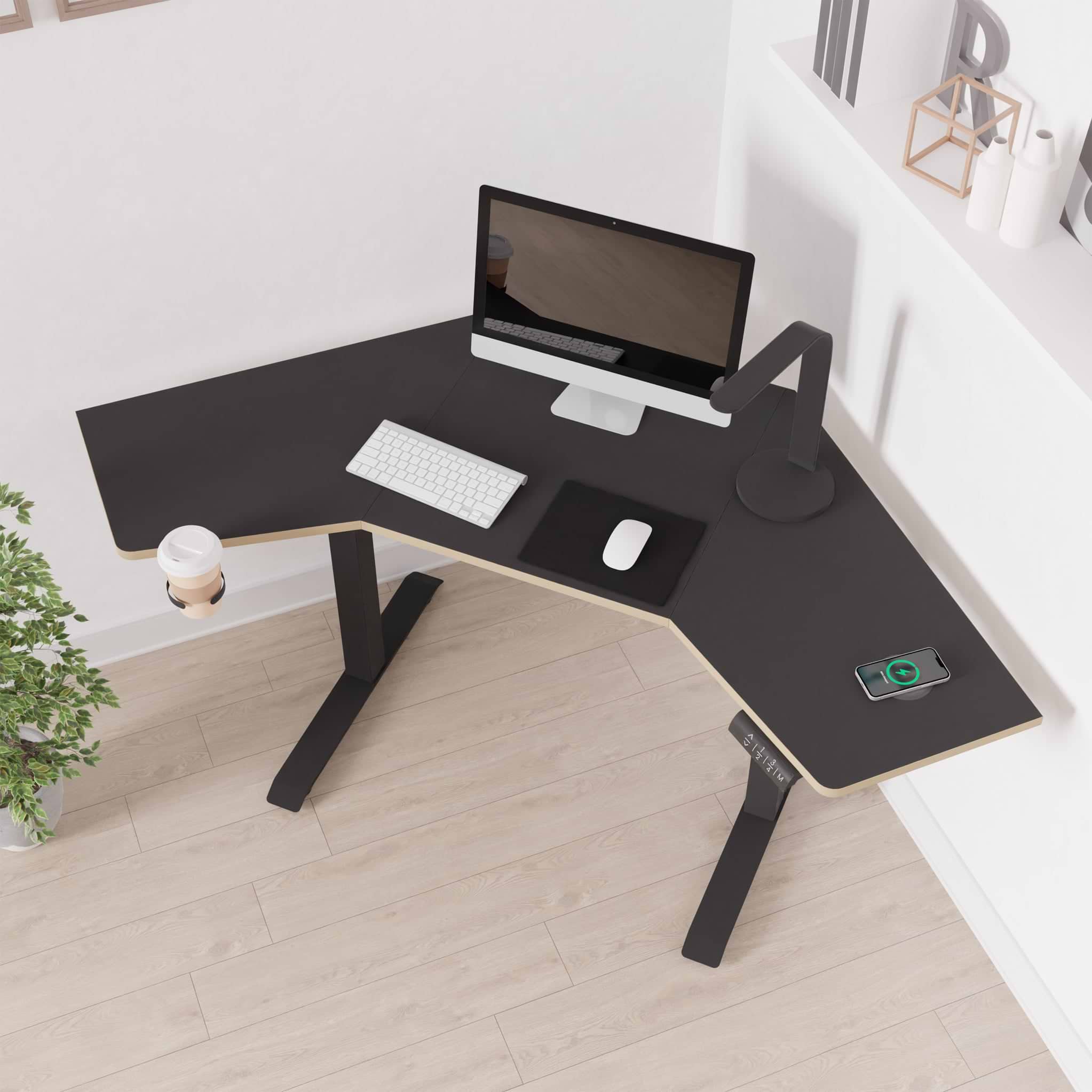 Koble Gino Black Smart Electric Height Adjustable Corner Desk with Storage Drawer and wireless charging for office