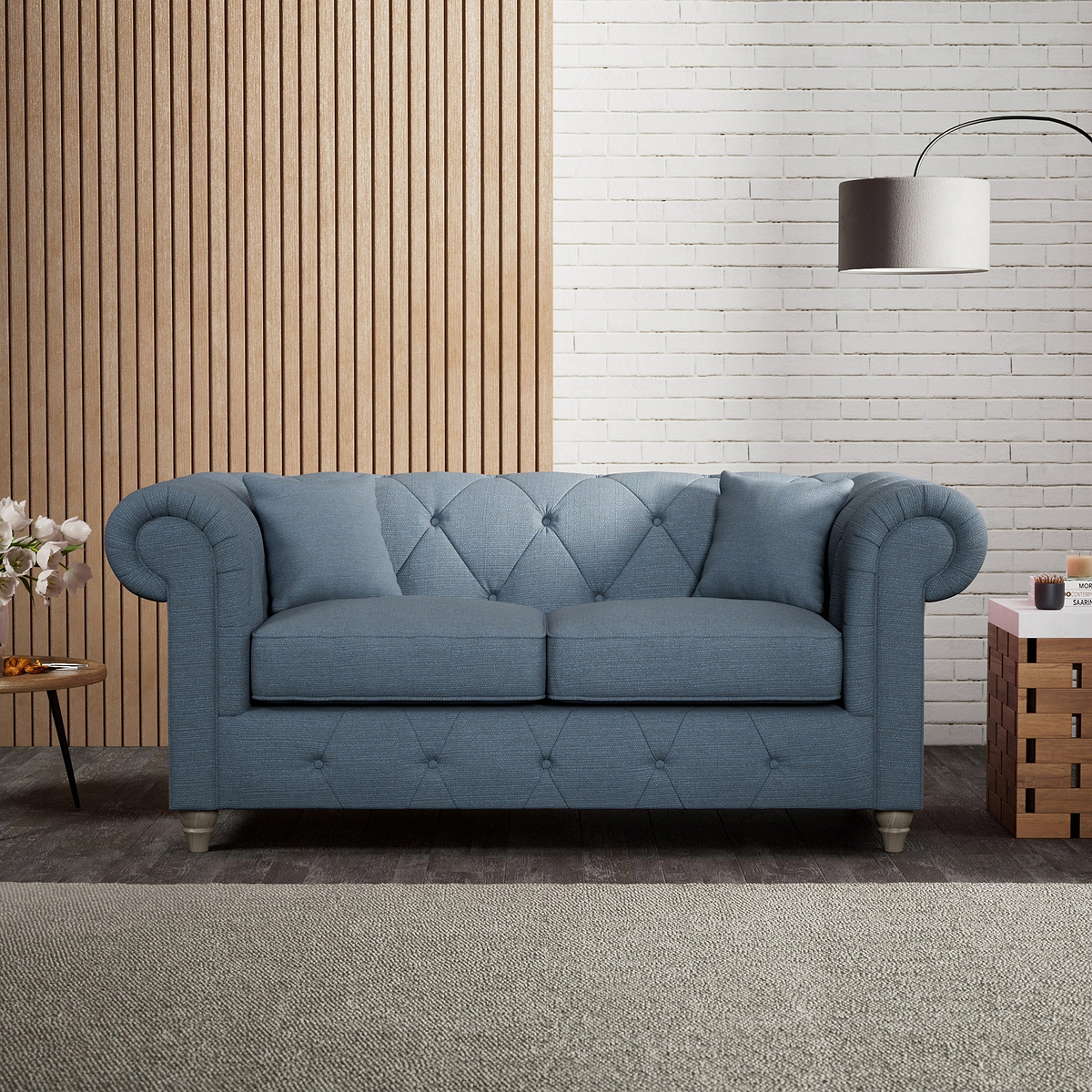 Everett 2 Seater Sofa Deep Blue Washed Oak Feet from Roseland Furniture