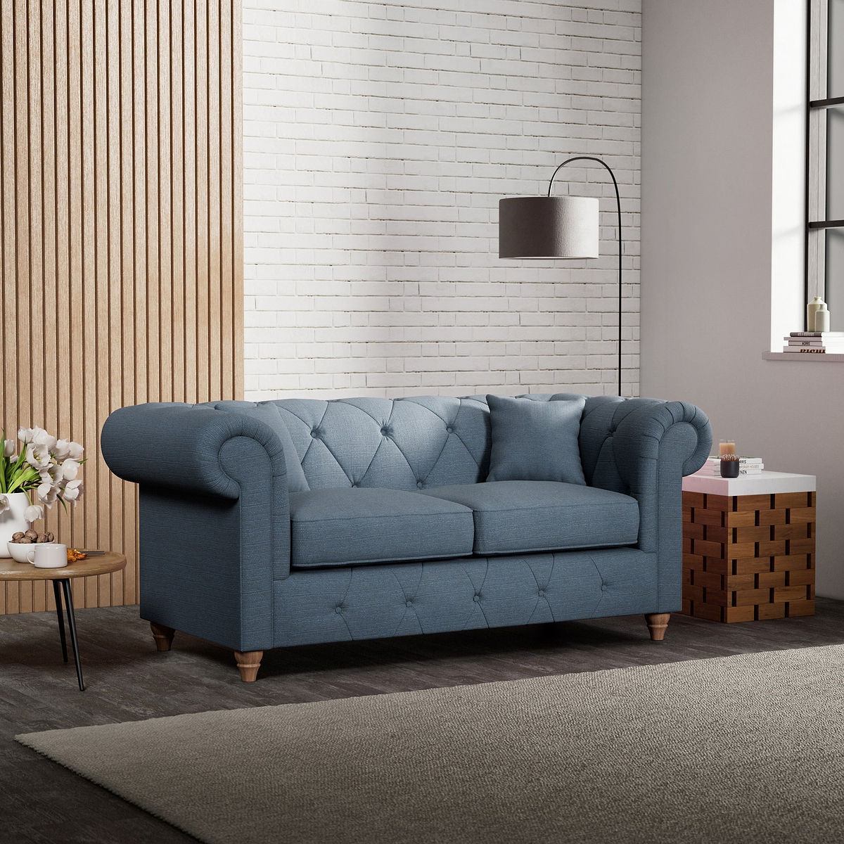Everett 2 Seater Sofa Deep Blue Walnut Feet from Roseland Furniture