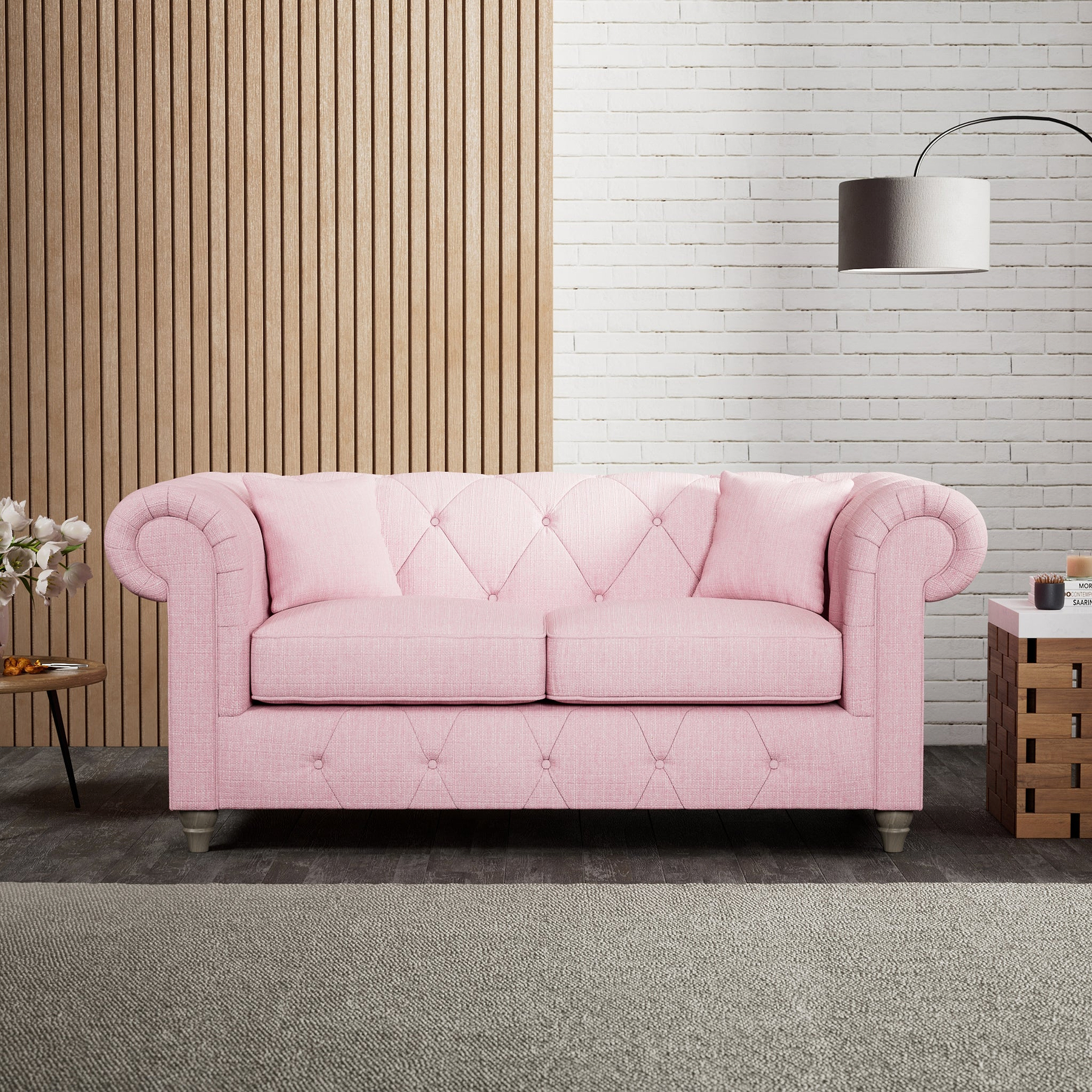 Everett 2 Seater Sofa Pink Washed Oak Feet from Roseland Furniture