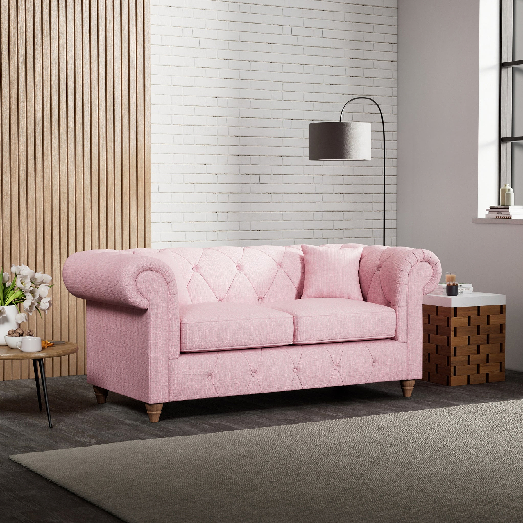 Everett 2 Seater Sofa Pink Walnut Feet from Roseland Furniture